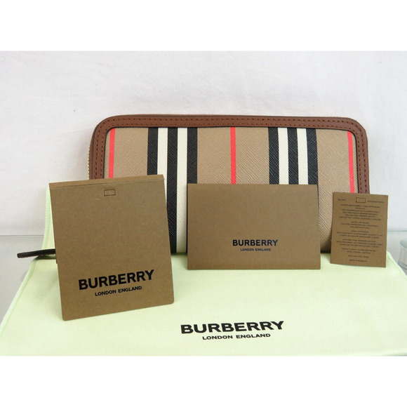 BURBERRY ELLERBY TAN LEATHER ICON STRIPE CANVAS ZIP AROUND CONTINENTAL WALLET - Picture 7 of 13